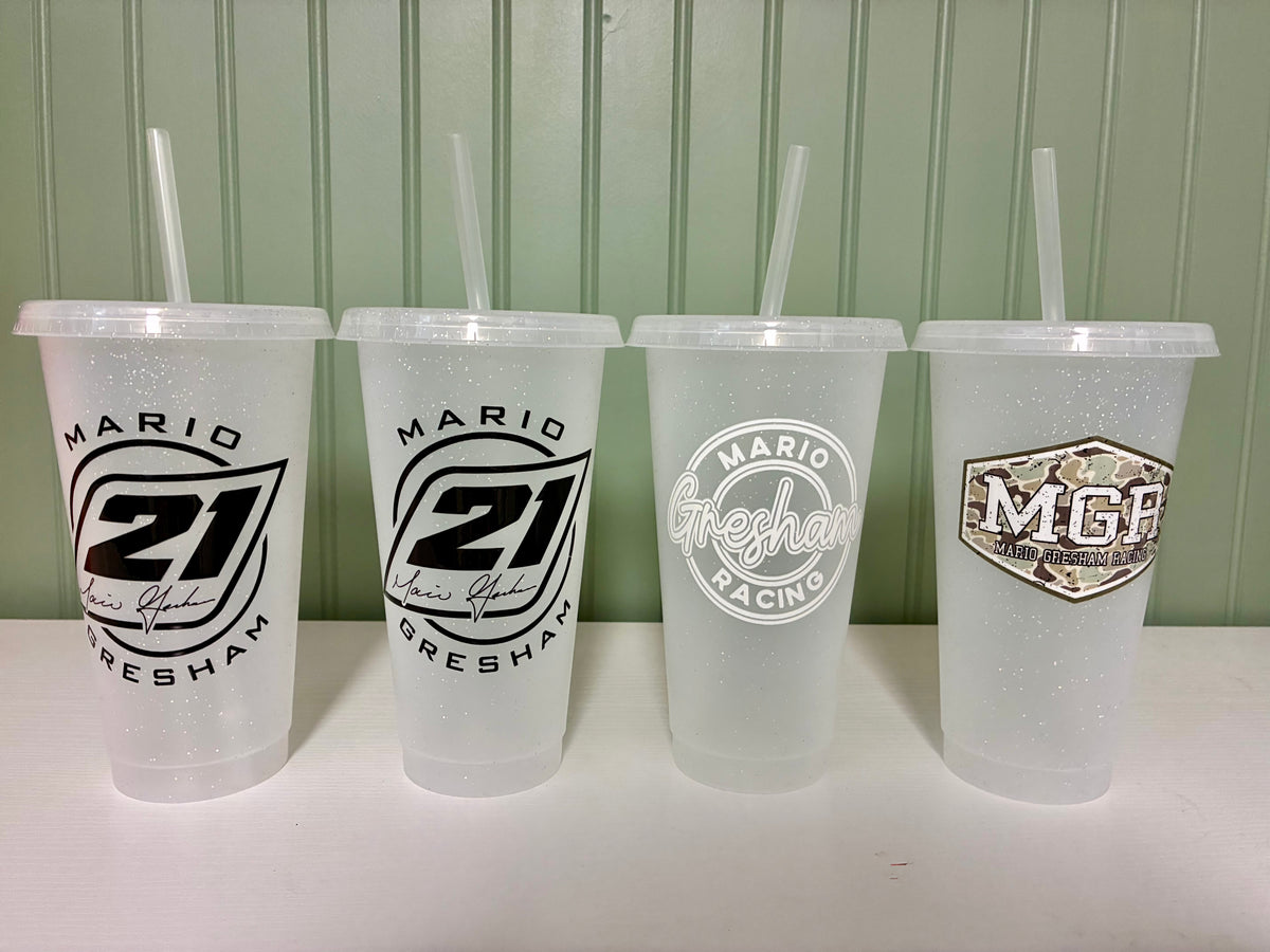 Clear glitter MGR logo cup (black design)